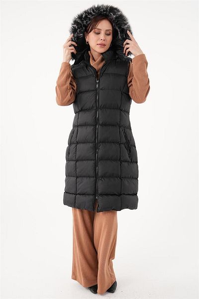 Nassah Black Midi Puffer Vest - Fur Collar 8125-01