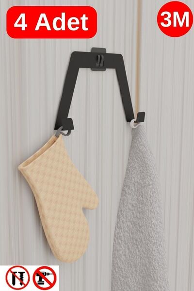 risingmaber 3M Yapışkanlı Siyah Çift Kancalı Askılık, Bornoz Askı, Mutfak Banyo Askısı(4 Adet) MT90S