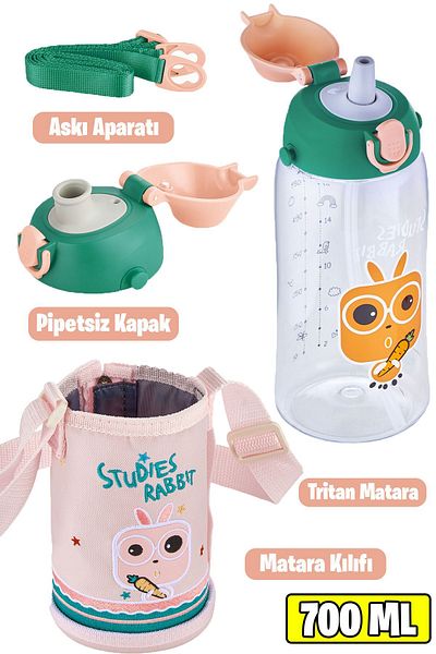 Uzspace 700 ml - Large Size-Tritan Water Bottle with Case and 2 Separated Lids with/Without Straw