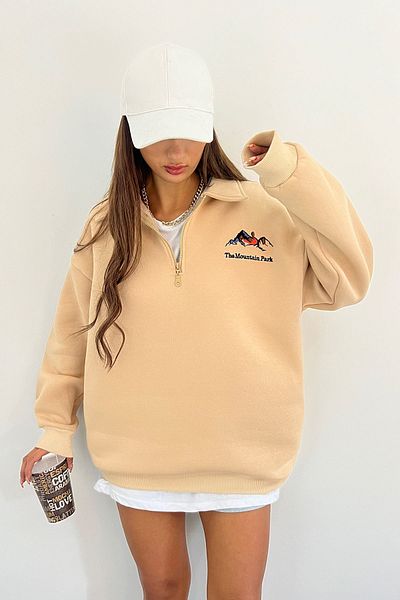 Sun Victoria Unisex Κρέμα Polo Κεντητό Φούτερ με ράστερ 3 κλωστών