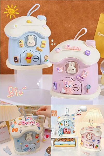 Kitchen Beauty Sevimli Kawai Tarz Mavi Renk Ev Baca Kumbara Kilitli Para Banknot Kumbarası Sticker Hediye