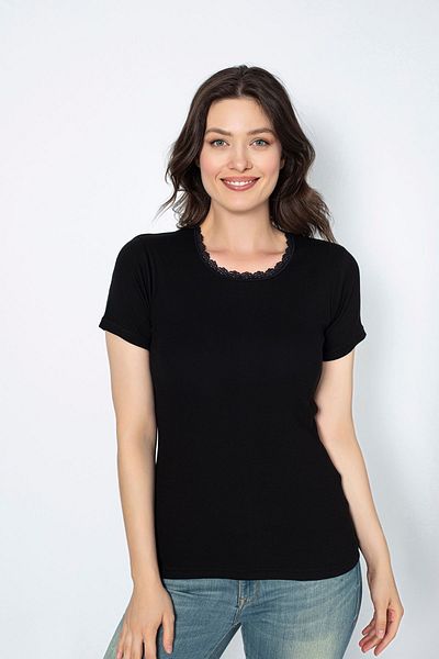 saac Round Neck Lace Black Women's Undershirt - 100% Cotton, Short Sleeve - 525