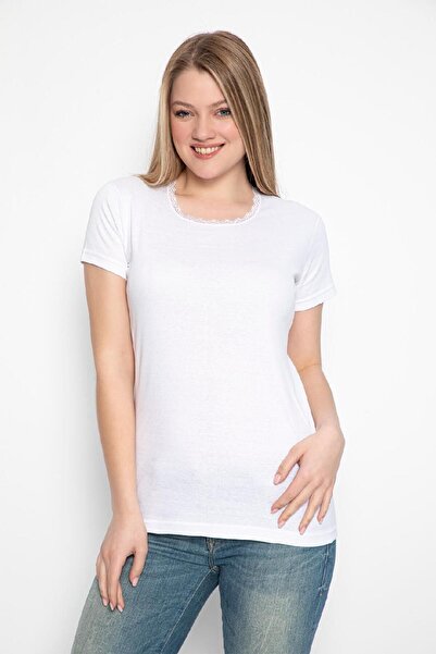 saac Round Neck White Lace Short Sleeve Women's Undershirt - 100% Cotton Combed Rib - 525