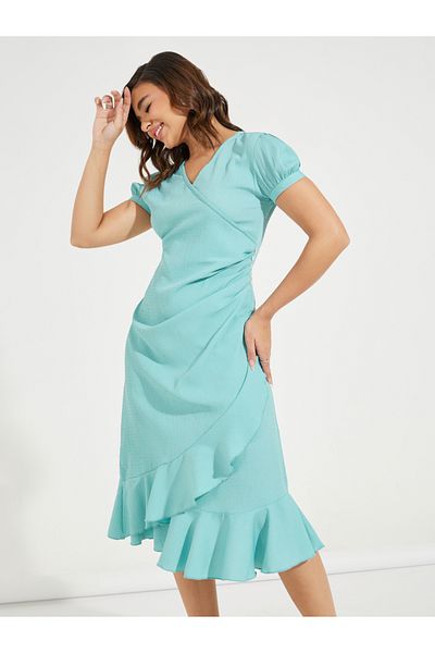 Styli Ruffled Mock Wrap Midi Dress with Puff Sleeve