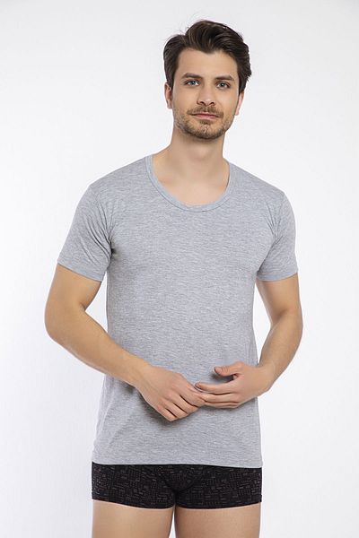 saac 2 Pieces 100% Cotton Combed Single Jersey Men's Short Sleeve Gray Crew Neck Undershirt - 440
