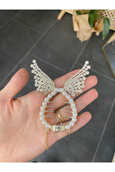 karpuzbutiks Zirkon Taşlı Melek Kanadı Figürlü İncili At Kuyruğu ve Topuz Saç Aksesuarı toka