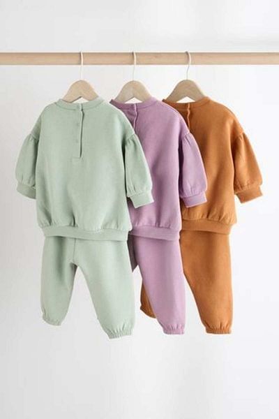 Next Baby Green Lilac Orange 3-Piece Cotton Long Sleeve Top and Bottom Set