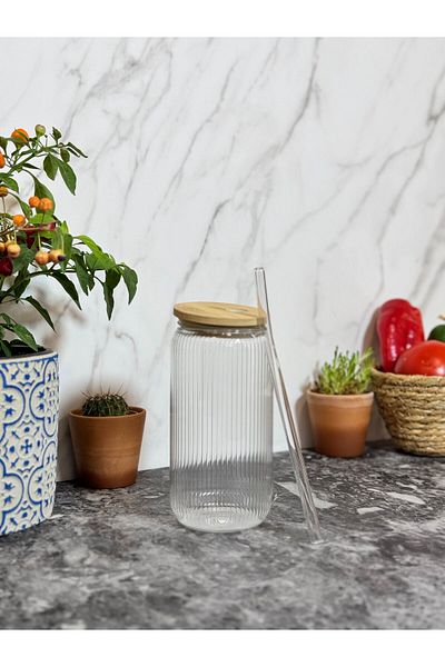 MİEN Glass Straw Cup with Bamboo Lid