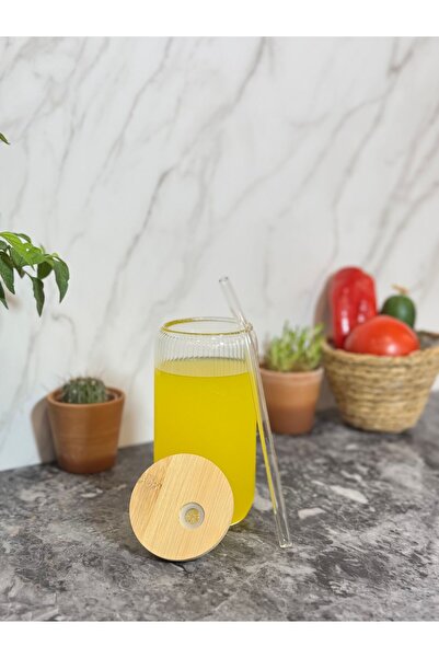 MİEN Glass Straw Cup with Bamboo Lid