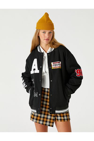 Koton Oversize Pilot Jacket with Embroidered Fleece Inside