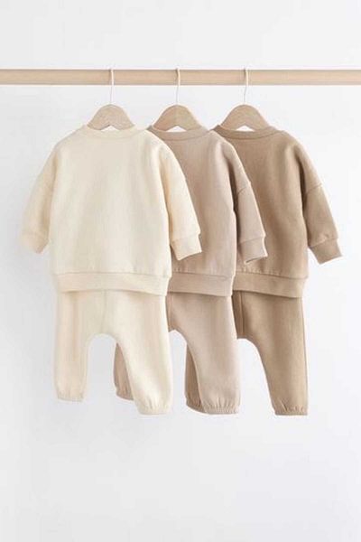 Next Baby Cotton Cream Brown Long Sleeve 3-Piece Top and Bottom Set