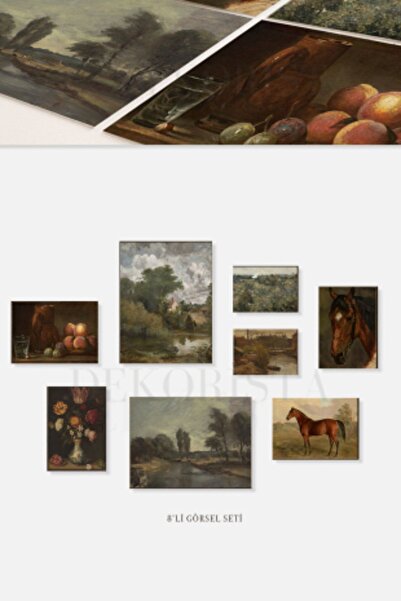 HOME DEKORİSTA Çerçevesiz Vintage 8'li Poster Seti, At Resim, Manzara Resim,