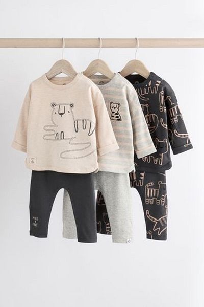 Next Baby Long Sleeve Animal Patterned Cotton 3 Piece Set - Cream Black