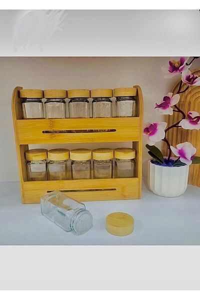 MİEN 21 Piece 10-Piece Spice Bowl Set with Stand - Glass / Bamboo