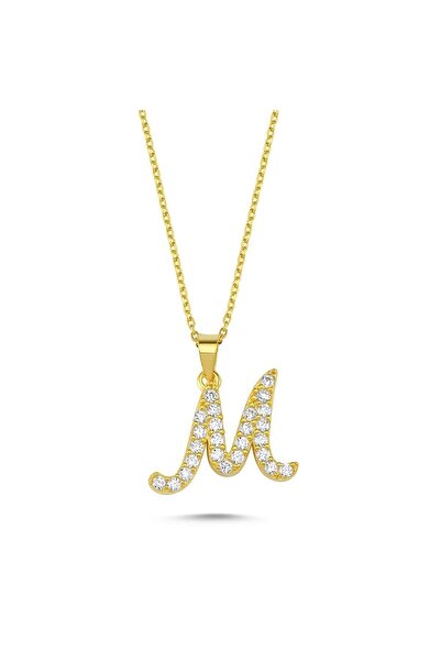 Bulvardi 925 Ayar Gümüş Harfli Kolye Italik Altın Kaplama - M Harfi - Standart