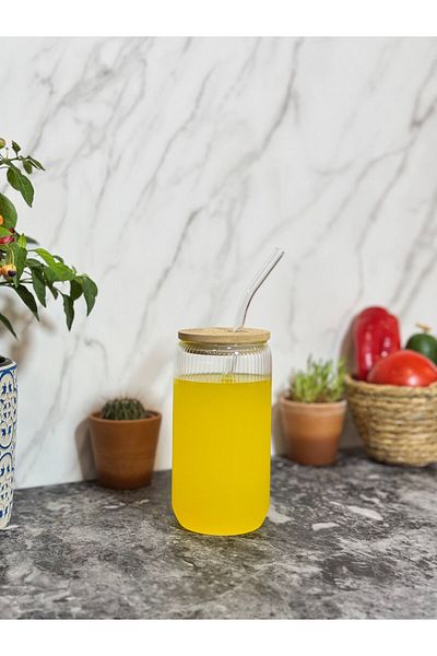 MİEN Glass Straw Cup with Bamboo Lid