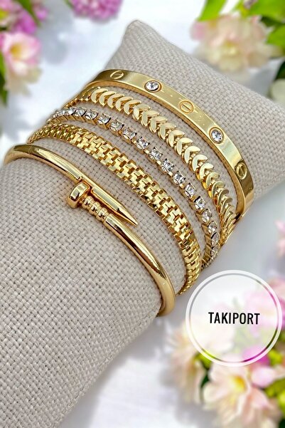 TAKIPORT طقم أساور نسائية ذهبية لا تفقد لونها مكون من 5 قطع خاص بعيد الحب