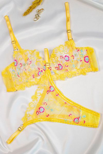 LikeSwan Set de lenjerie intima bralet transparent din dantela cu sârmă cu imprimeu floral galben