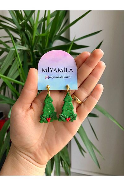 TREND Miyamila Collection - Polymer Christmas Earrings with Pine Tree Pattern and Gold Ball Detail