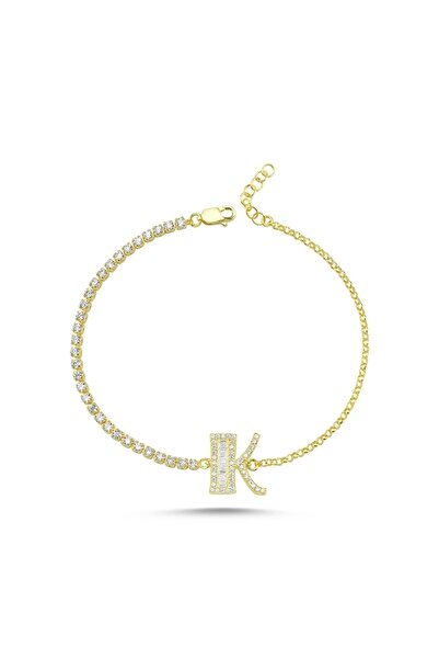 Bulvardi 925 Ayar Gümüş Bagetli Altın Kaplama Harfli Bileklik - K Harfi - Gum...