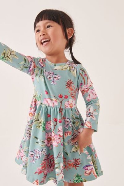 Next Baby Cotton Blue Floral Patterned Long Sleeve Dress
