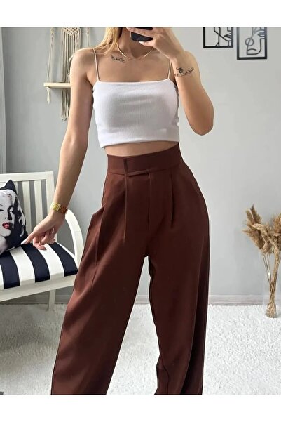 modazoom Kadın Kahve Cırtlı Yüksek Bel Palazzo Pantolon