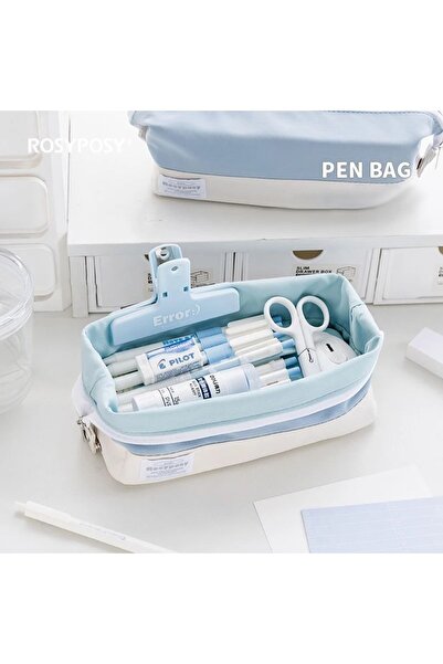 Kawaii Geniş Kapasiteli Katlanabilir Soft Mavi Kalemlik