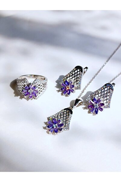 KESKİN GÜMÜŞ 925 AYAR GÜMÜŞ AMETİST TAŞLI OTANTİK TASARIM KADIN SET KOLYE KÜP...