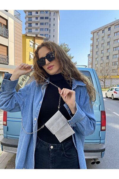 BİESTİ Gümüş Taş Görünümlü Işıltılı Ayarlanabilir Zincirli Telefon Çantası