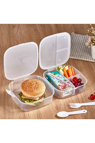Fİ HOME Double Compartment Lunch Box with Fork and Spoon - Transparent Organizer