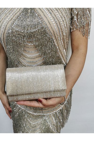 NAZART Rochie de seară aurie cu laser pentru femei, portofoliu, curea cu lanț, geantă de umăr de seară de logodnă de nuntă