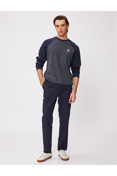 Koton Crew Neck Sweater Raglan Sleeve Blocked with Label Detail