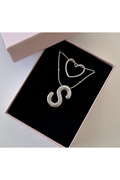 Accessories Üç Boyutlu Çelik Silver Renk Kalpli/Harfli Kolye Seti