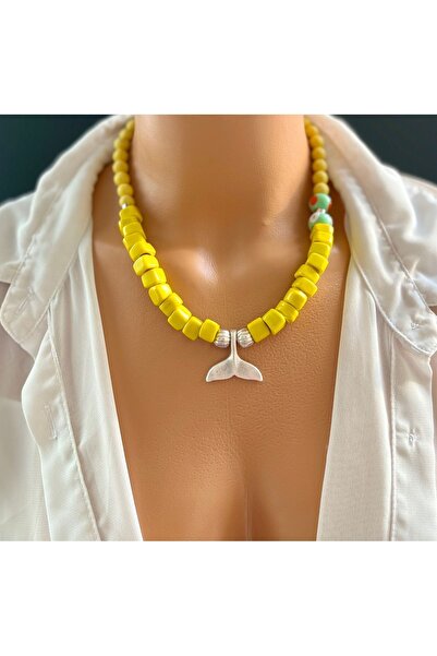 Limi Design قلادة من الخرز الزجاجي الأصفر والأحجار الطبيعية - مع إكسسوار ذيل ...