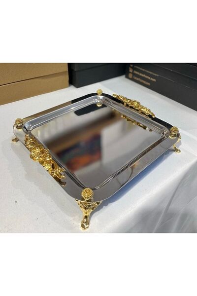 ester Ayaklı Kare Metal Sunum Tepsisi Gümüş 22cm