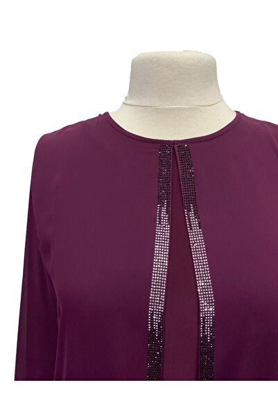 Giyinen Mağazaları Fuchsia Zülal Stylish Stone Embroidered Round Neck Mother's Evening Dress Tunic