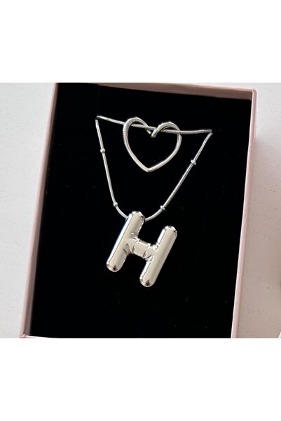 Accessories Üç Boyutlu Çelik Silver Renk Kalpli/Harfli Kolye Seti