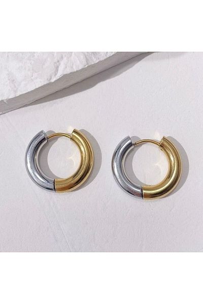 ANGELSS JEWELLERY Double Colored ThicK Steel Hoop EarrinGs - Curved (silver-Gold EarrinG)