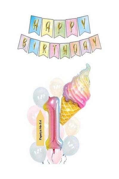 BİDOLUMUTLULUK 1 Year Old Ice Cream Foil and Macaron Balloon Set