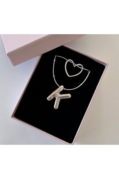 Accessories Üç Boyutlu Çelik Silver Renk Kalpli/Harfli Kolye Seti