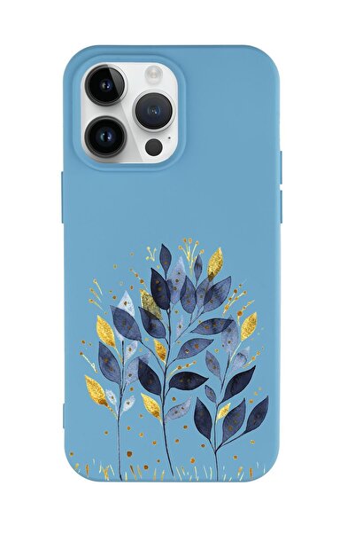 mooodcase iPhone 15 Pro Max Uyumlu Mavi Yaprak Desenli Premium Silikonlu Lansman Telefon Kılıfı
