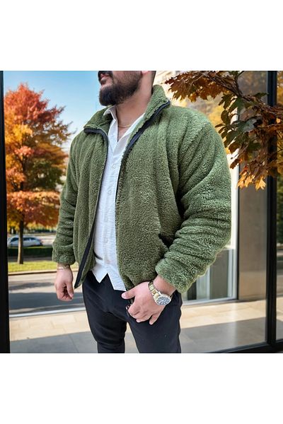 JAKARLI Unisex Oversize Zippered Double Pocket Bato Collar Plush Jacket