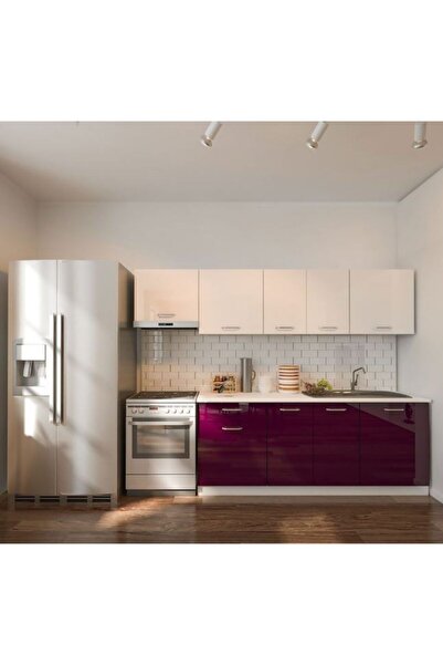 Tdesigno Nisan Hazır Mutfak Dolabı 260 Cm - Parlak Mürdüm Ve Beyaz - Tezgah D...