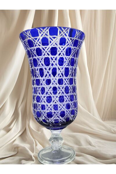 AYZ HOME Safir Büyük Boy Kesme Kristal Cam Ayaklı Vazo - Salon Dekor Vazo- Ye...