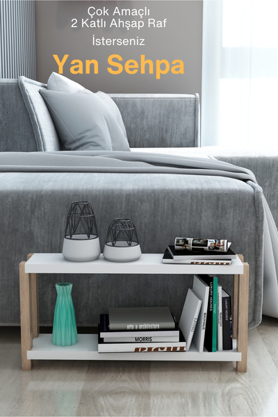 Jest Dekor Konsept Beril Beyaz Çok Amaçlı 2 Katlı Ahşap Yan Sehpa, Mutfak Raf...