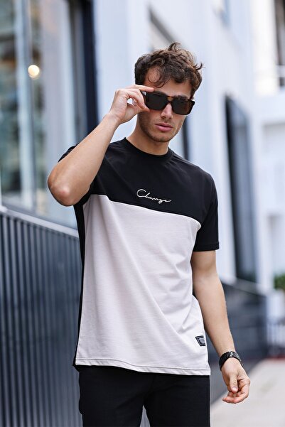 aziso Tricou pentru bărbați cu guler rotund brodat 100% bumbac - două culori