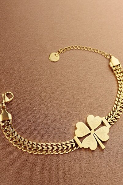 Keyifli Hayaller Yoncalı Çelik Bileklik- Dört Yapraklı Yonca 316l Kararmaz Kalın Zincir Çelik Bileklik Yeni Sezon