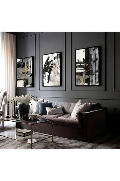 Harikabirev HARİKABİREV | ARTĂ MODERNĂ ABSTRACTĂ GRAY-GOLD ANTRACIT | TABLO DE STICLA CU CADRU 3 PIESE VERTICAL