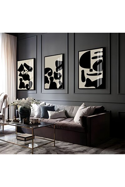 Harikabirev HARİKABİREV | COMBINAT DE ABSTRACTE BEJ-NEGRU 1 | TABLO DE STICLA CU CADRU 3 PIESE VERTICAL