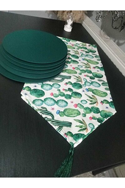 YSHOME Dijital Baskı Kaktüs Premier Desenli Runner Ve 6lı Supla Takımı